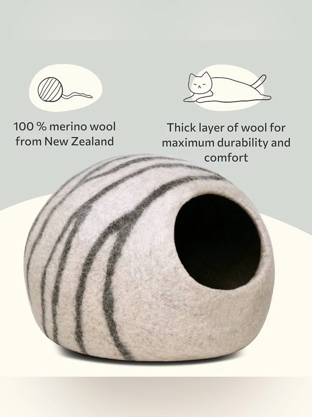 Meowfia Cat Cave - Merino Wool Felt Cat Bed (Light Gray, Large)